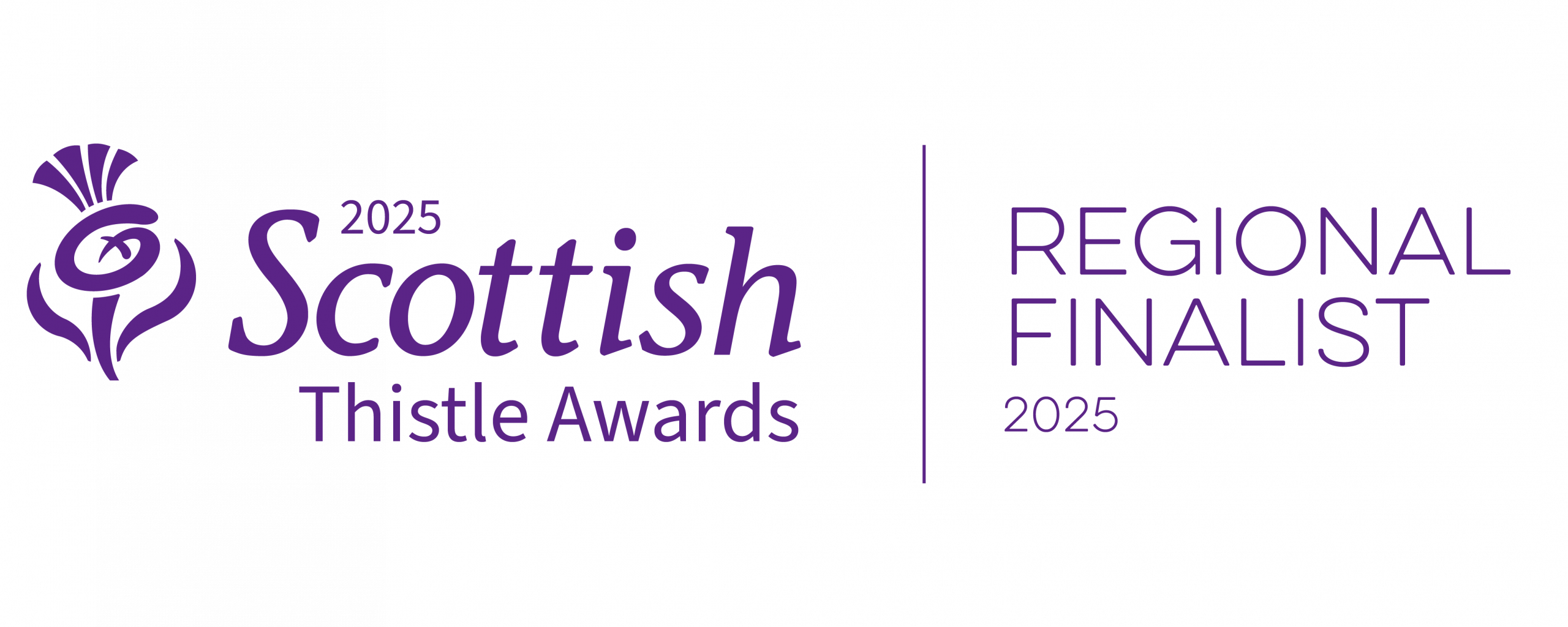 ogo for the Scottish Thistle Awards 2025. On the left, a stylized purple thistle icon appears above the words “2025 Scottish Thistle Awards” in purple text. A vertical line separates it from the words “Regional Finalist 2025” on the right, also in purple.
